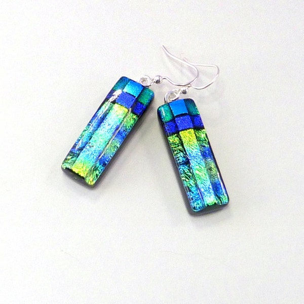 Dichroic Glass Drop Earrings Aqua Blue Violet Stripe SP  French Wires