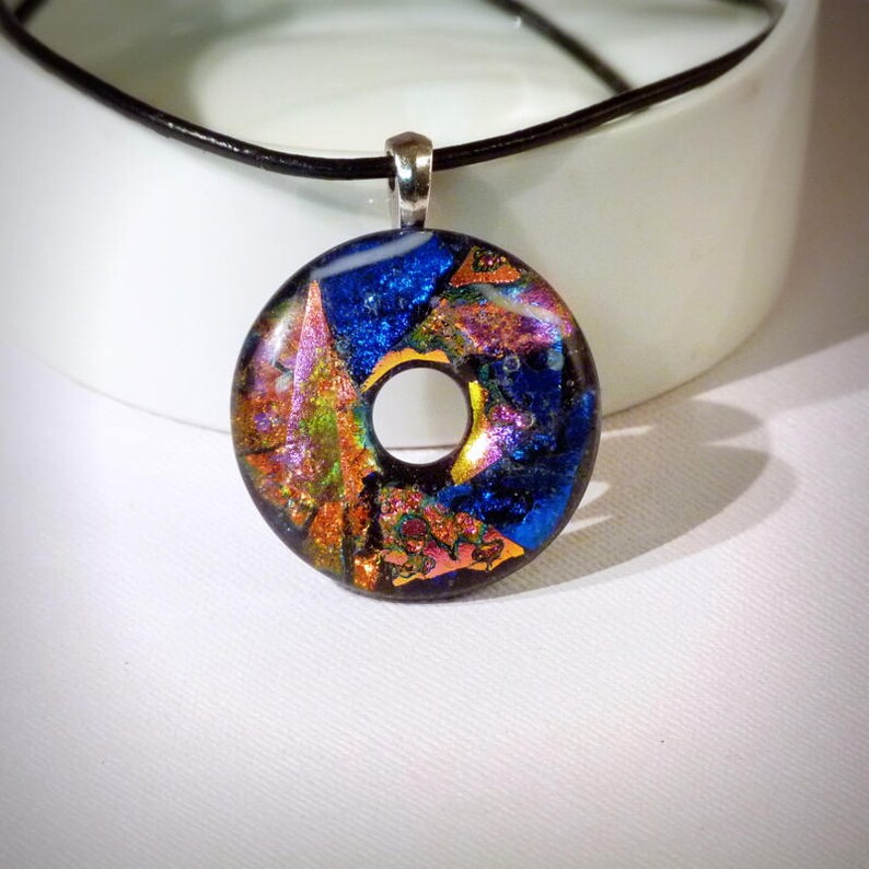 Dichroic Glass Donut Pendant Necklace Pink Rainbow Blue Image 0