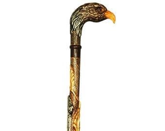 Handmade Wooden Walking Cane | Embroidered & Patterned Walking Stick | Premium Hand-Crafted Cane for Men | Customizable Eagle Head Wood Cane