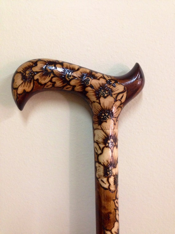 Handmade Floral Wood Cane - Carved Flower Stick - Wooden Art Cane - Wood Flower Gift - Unique Walking Aid - Floral Pattern Cane