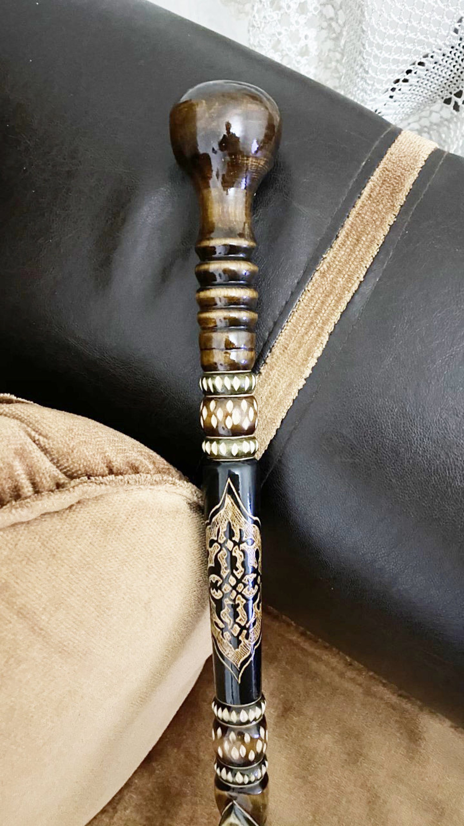 Knob Handle Embroidered Wooden Walking Cane Handmade Decorative Vintage ...