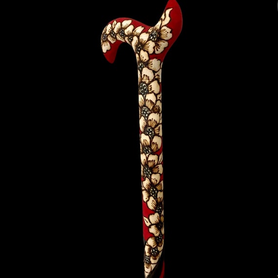 Handmade Floral Wood Cane - Carved Flower Stick - Wooden Art Cane - Wood Flower Gift - Unique Walking Aid - Floral Pattern Cane