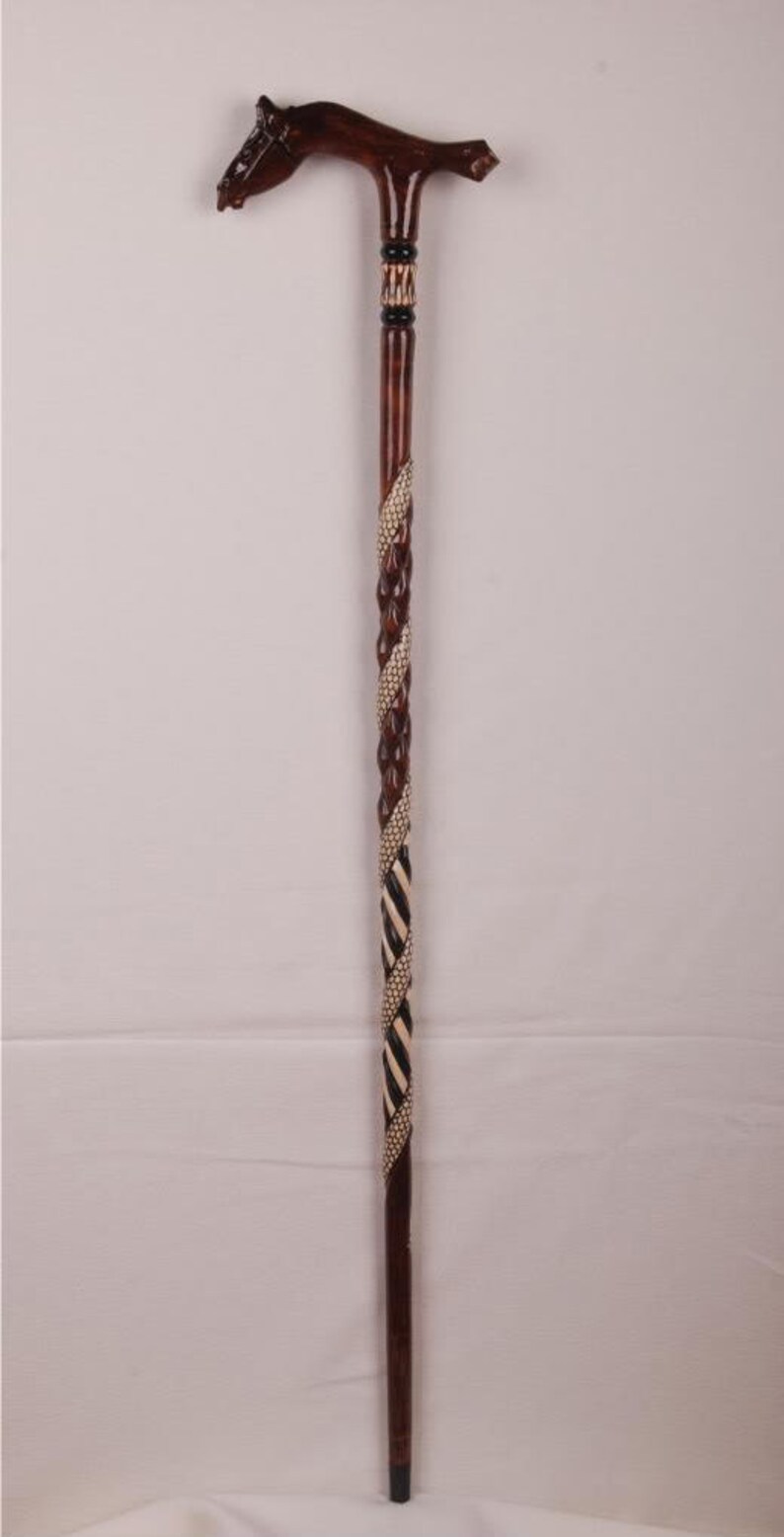 Handcrafted Wooden Cane With Horse Head and Carving Unique Etsy
