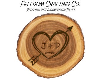 Personalized Wood Anniversary Trivet, Engraved Initials & Date