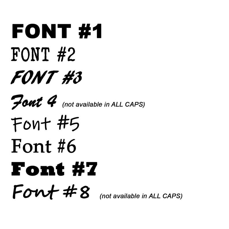 a list of the eight different font types that are available for personalization of the engraved plate being sold