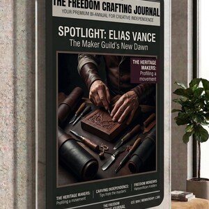 Op de afbeelding: Een aan de muur gemonteerde acryl displaylijst met een poster getiteld The Freedom Crafting Journal. De poster heeft een zwarte achtergrond met witte tekst, een centrale afbeelding van handen die hout snijden en details waaronder Spotlight: Elias Vance.