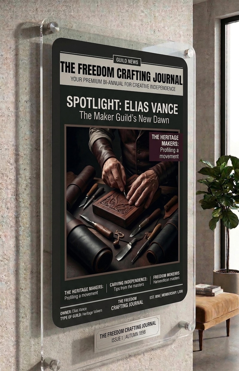 Op de afbeelding: Een aan de muur gemonteerde acryl displaylijst met een poster getiteld The Freedom Crafting Journal. De poster heeft een zwarte achtergrond met witte tekst, een centrale afbeelding van handen die hout snijden en details waaronder Spotlight: Elias Vance.