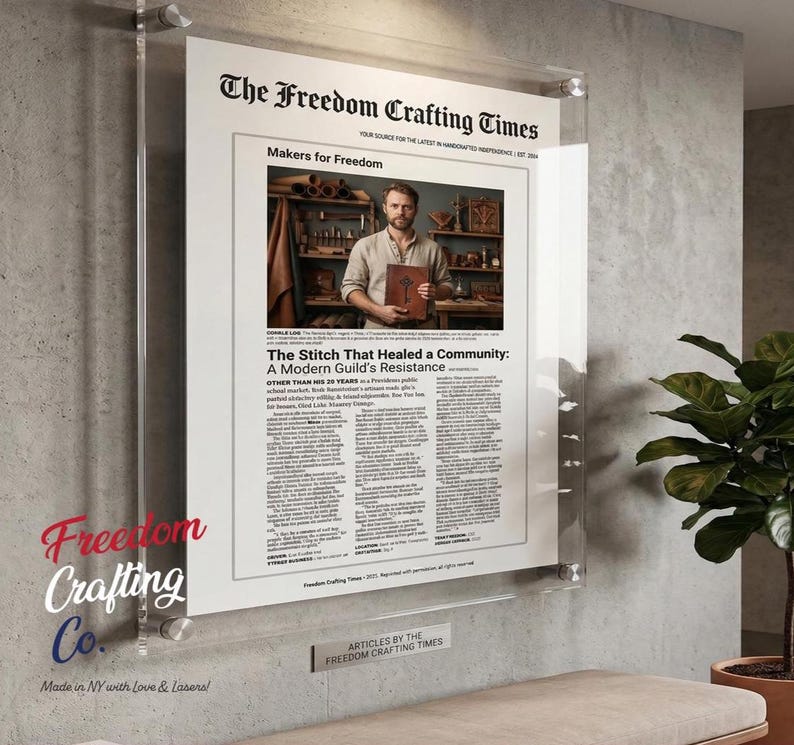 Op de afbeelding: Een ingelijste acryl wanddisplay met een krantenvoorpagina getiteld The Freedom Crafting Times. Het artikel, Makers for Freedom, bevat een foto van een persoon die een bruin boek vasthoudt en de kop The Stitch that Healed a Community.