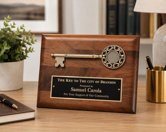 Custom Key to the City Plaque, Personalized Solid Walnut Civic Recognition Award, Ceremonial Key Award, Mayor & Leadership Tribute