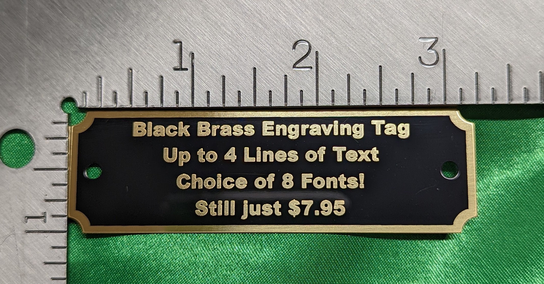 Engraved Tag, Black Brass Notched Corners with Gold Border and Gold Lettering 3 1/4" x 1" with 2 holes. Up to 4 lines of text!