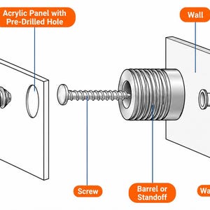 Op de afbeelding: Een diagram dat de installatie van een afstandhoudersysteem voor borden toont. Onderdelen zijn een zilveren schroefdop, een acrylplaat met een voorgeboord gat, een metalen schroef, een cilindrische afstandhouder en een muurplug voor wandmontage.