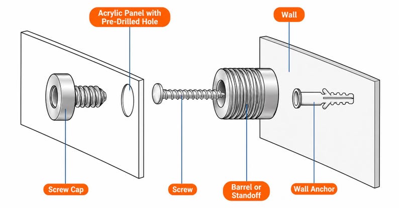 Op de afbeelding: Een diagram dat de installatie van een afstandhoudersysteem voor borden toont. Onderdelen zijn een zilveren schroefdop, een acrylplaat met een voorgeboord gat, een metalen schroef, een cilindrische afstandhouder en een muurplug voor wandmontage.