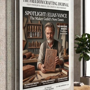 Op de afbeelding: Een aan de muur gemonteerde acryl displaylijst met een poster genaamd The Freedom Crafting Journal. De poster toont een man in een werkplaats die een uitgesneden houten boek vasthoudt, omringd door houtbewerkingsgereedschap en de tekst Spotlight: Elias Vance.