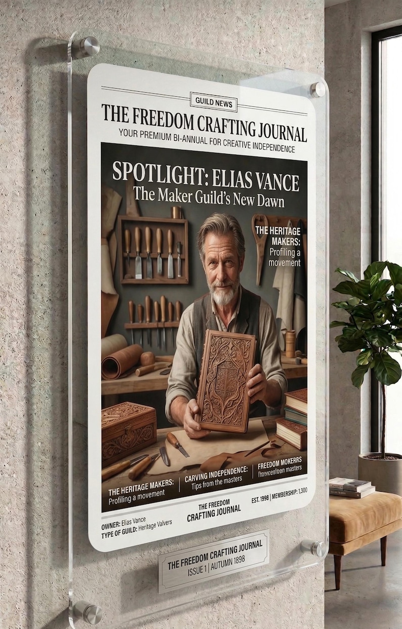 Op de afbeelding: Een aan de muur gemonteerde acryl displaylijst met een poster genaamd The Freedom Crafting Journal. De poster toont een man in een werkplaats die een uitgesneden houten boek vasthoudt, omringd door houtbewerkingsgereedschap en de tekst Spotlight: Elias Vance.