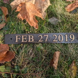 May include: A dark brown metal plaque with the date "FEB 27 2019" engraved in gold lettering. The plaque is lying on a bed of green grass and brown leaves.