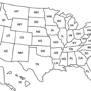 Karte von USA | USA Karte Wandkunst | Druckbare Karte der USA | USA Karte Printable | Landkarte der USA mit Bundesstaaten | Niedliche schwarz-weiß Landkarte der USA