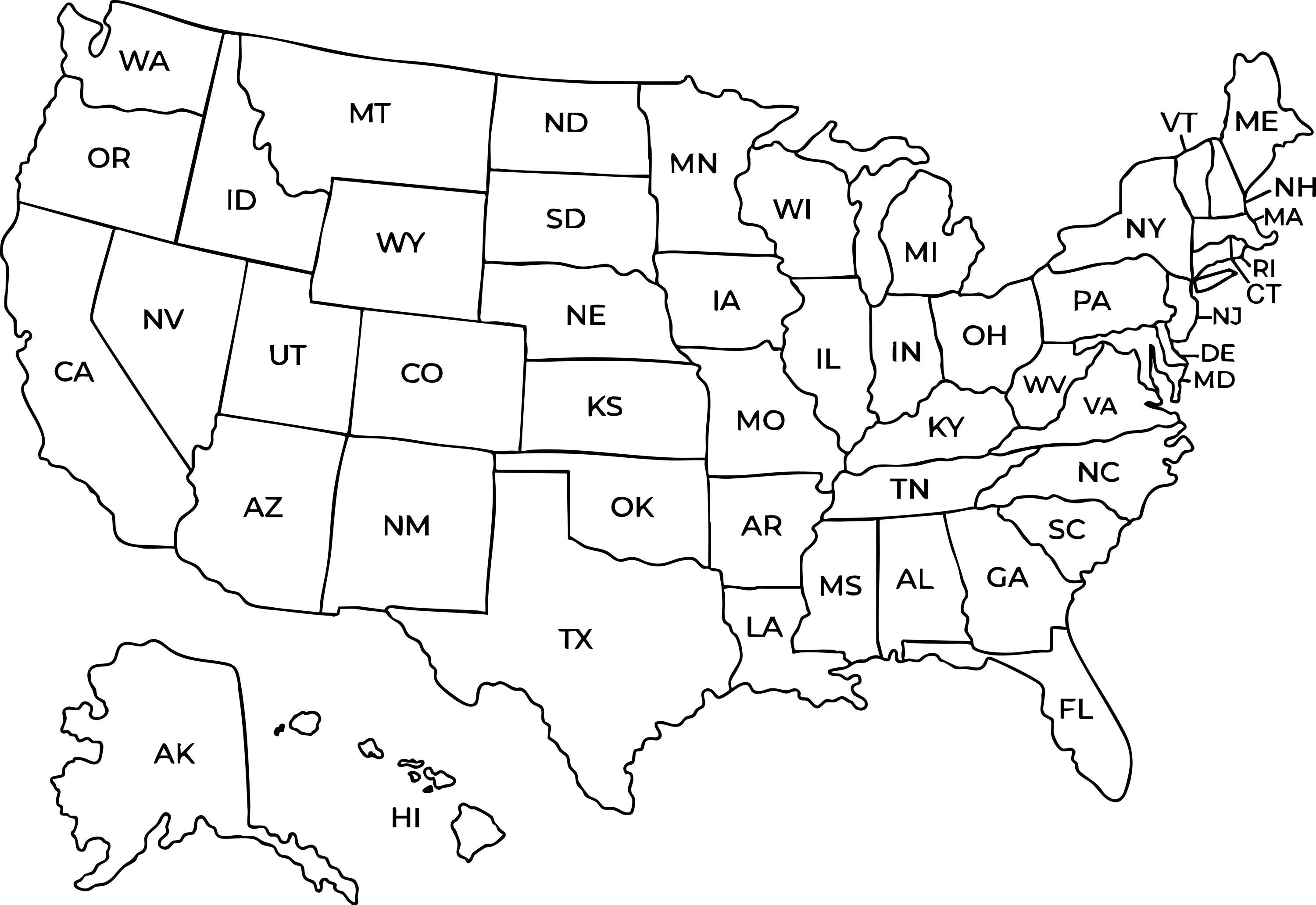 Map of USA Printable | Usa map wall art | Printable Usa Map | USA Map Printable | Usa map with states | Cute Black and White Usa Map