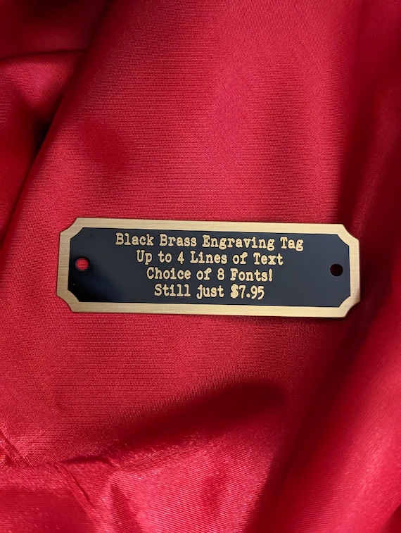 Engraved Black Brass Tag: Notched Corners, Gold Border, Custom Text (2.75"x.875")