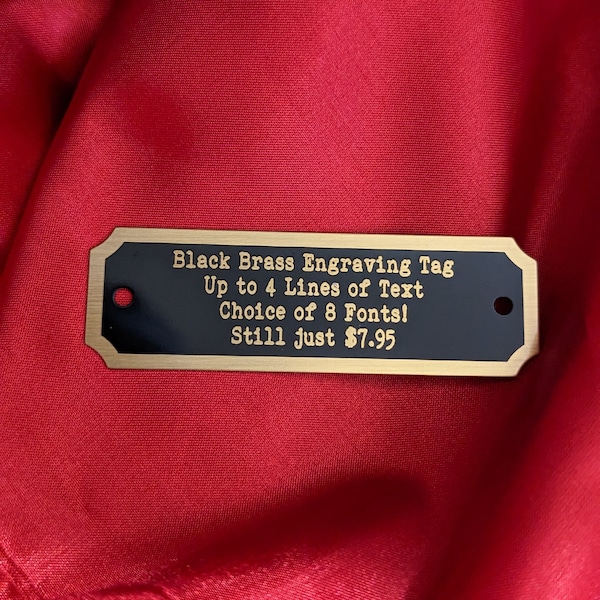 Engraved Black Brass Tag: Notched Corners, Gold Border, Custom Text (2.75"x.875")