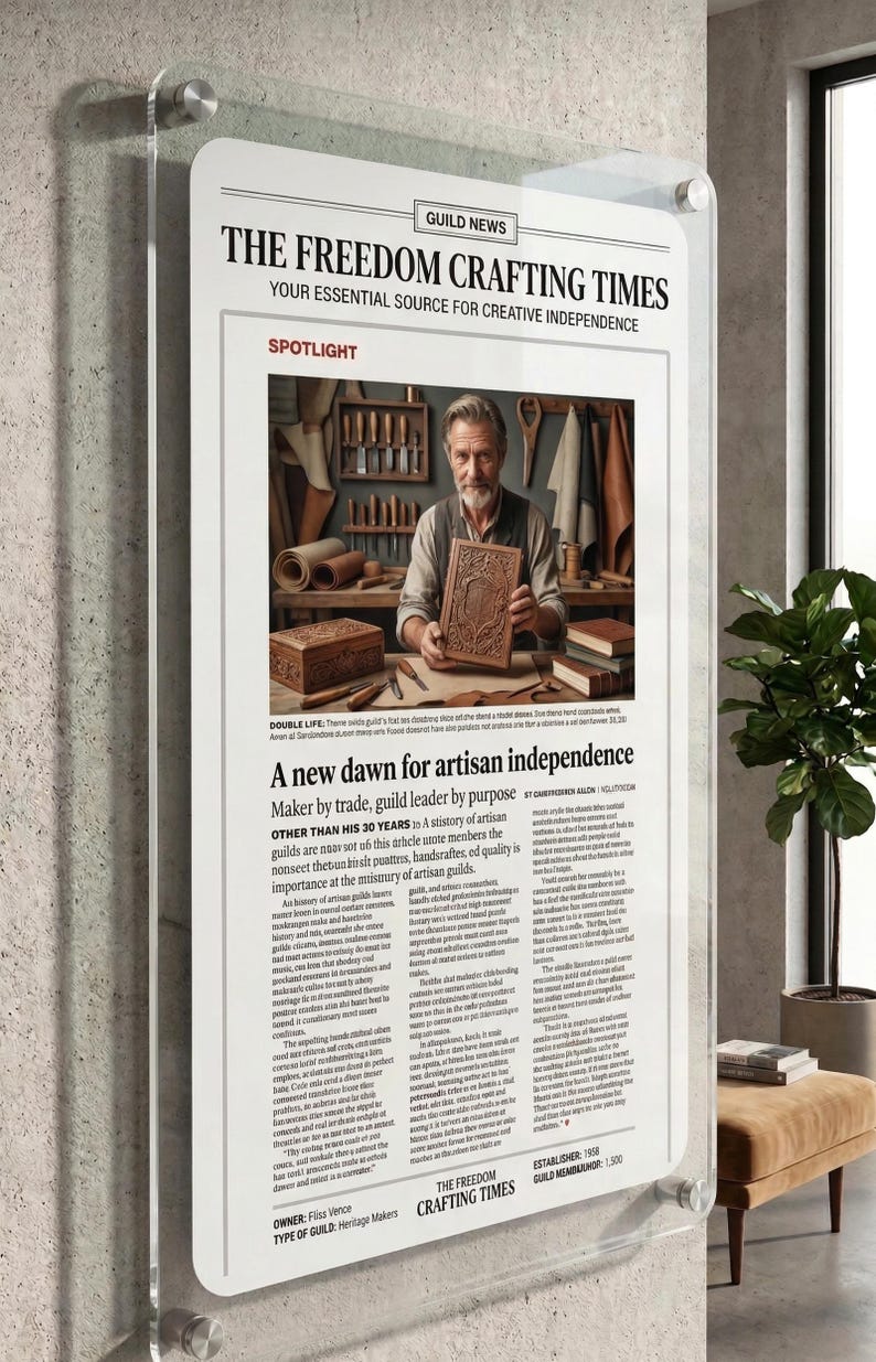 Op de afbeelding: Een helder acryl wandbord met een krantenopmaak genaamd The Freedom Crafting Times. Het ontwerp bevat een centrale foto van een persoon die een uitgesneden houten paneel in een werkplaats vasthoudt, omringd door kolommen met tekst.