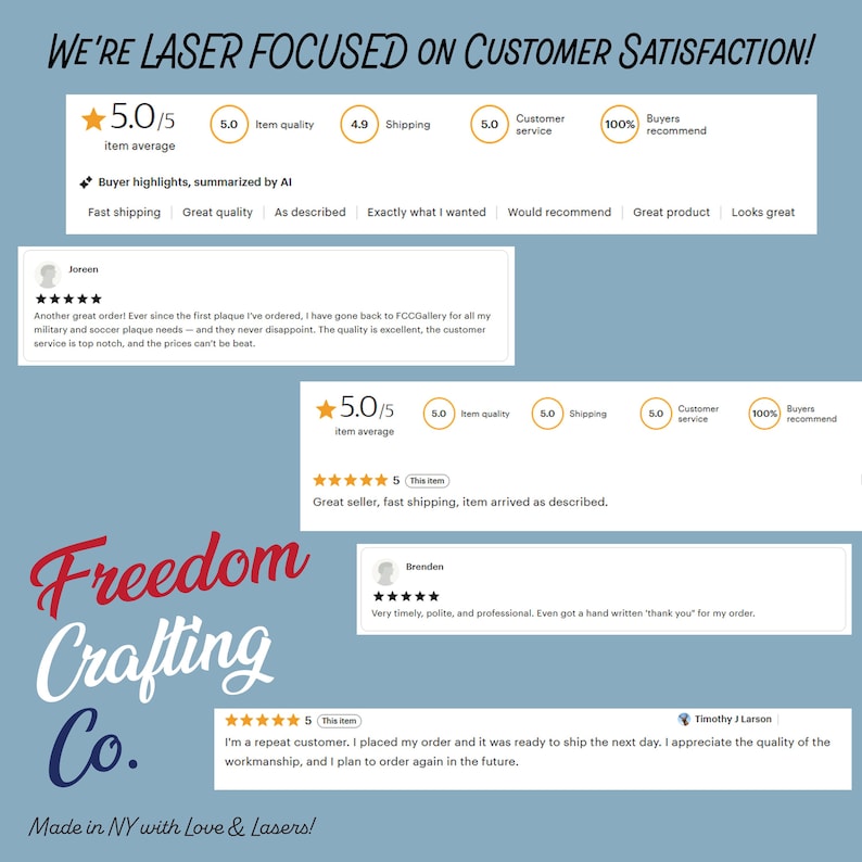 Op de afbeelding: Een digitale afbeelding met klantbeoordelingen voor Freedom Crafting Co. De tekst luidt We're laser focused on customer satisfaction! en Made in NY with Love & Lasers! Het bevat een 5,0/5 sterrenbeoordeling, kopershoogtepunten en getuigenissen van Joreen, Brenden en Timothy J Larson.