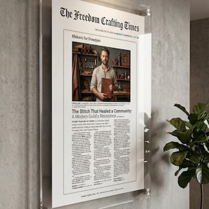 Op de afbeelding: Een verticaal rechthoekig wanddisplay met een witte poster getiteld The Freedom Crafting Times, gevat in een heldere acryl lijst met zilverkleurige metalen afstandhouders. De poster bevat een foto en verschillende kolommen met tekst.