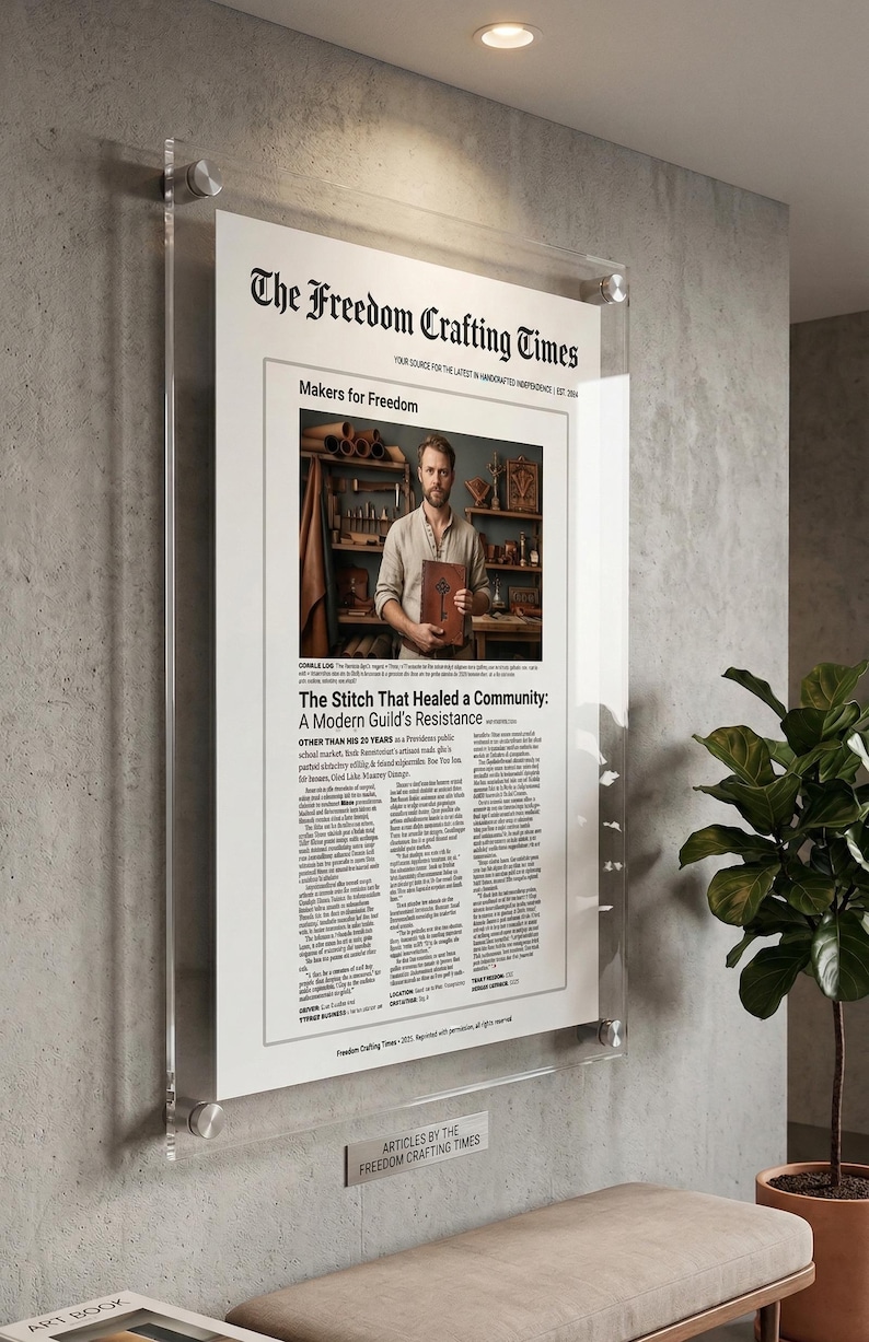 Op de afbeelding: Een verticaal rechthoekig wanddisplay met een witte poster getiteld The Freedom Crafting Times, gevat in een heldere acryl lijst met zilverkleurige metalen afstandhouders. De poster bevat een foto en verschillende kolommen met tekst.