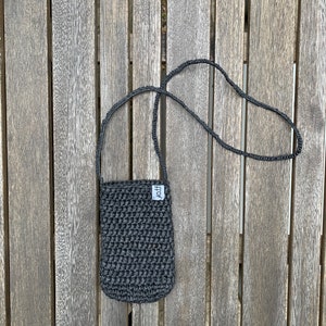 Hand-crocheted Sustainable Crossbody Phone Satchel | Black Natural Raffia Bag | Shoulder phone Cover Case | Flo
