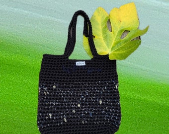 Handmade Crochet Tote Bag | Black Rescue Jersey Yarn and Denim Yarn Bag | Sustainable Cotton Crocheted Bag | Julia