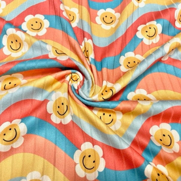 8x3 Rib Smiley Daisy Floral Boho DBP Knit Print #280 Double Brushed Poly Spandex Stretch 190GSM Apparel Fabric 58"-60" Wide By The Yard