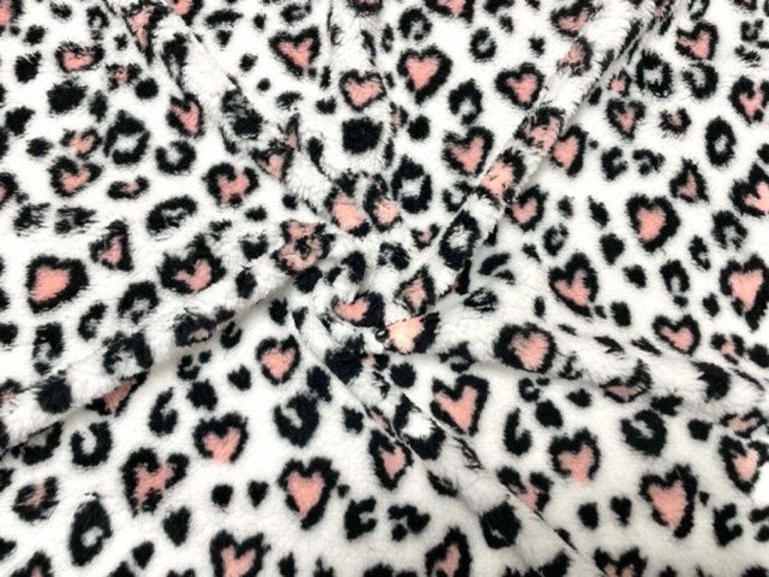 Pink Heart Leopard Spot Animal Sherpa Faux Fur #58 100% Polyester Medium Pile Super Soft Stretch Fabric Very Soft 58&quot;-60&quot; Wide By The Yard