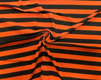 Orange Black Stripe Rib Knit Print #23 4x2 Jersey Knit Polyester Rayon Spandex Stretch 190GSM Apparel Fabric 58"-60" Wide By The Yard