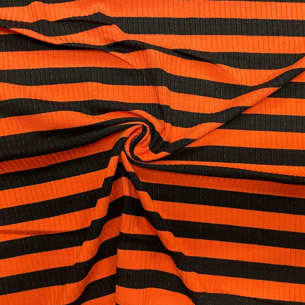 Orange Black Stripe Rib Knit Print #23 4x2 Jersey Knit Polyester Rayon Spandex Stretch 190GSM Apparel Fabric 58"-60" Wide By The Yard