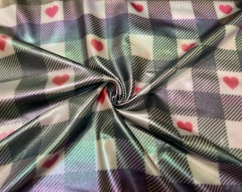 Buffalo Plaid Hearts Holographic Pleather Print #35 Shiny Faux Leather Stretch Vinyl Poly Spandex 190 GSM Fabric 58"-60" Wide By The Yard