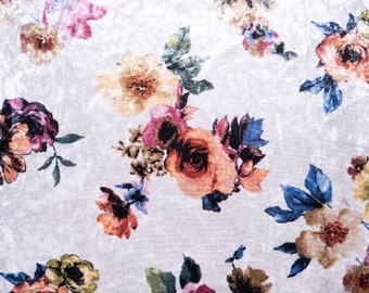 Ivory Floral #73 Stretch Crushed Velvet Polyester Spandex 250 GSM Luxury Apparel Fabric 55"-56" Wide By The Yard