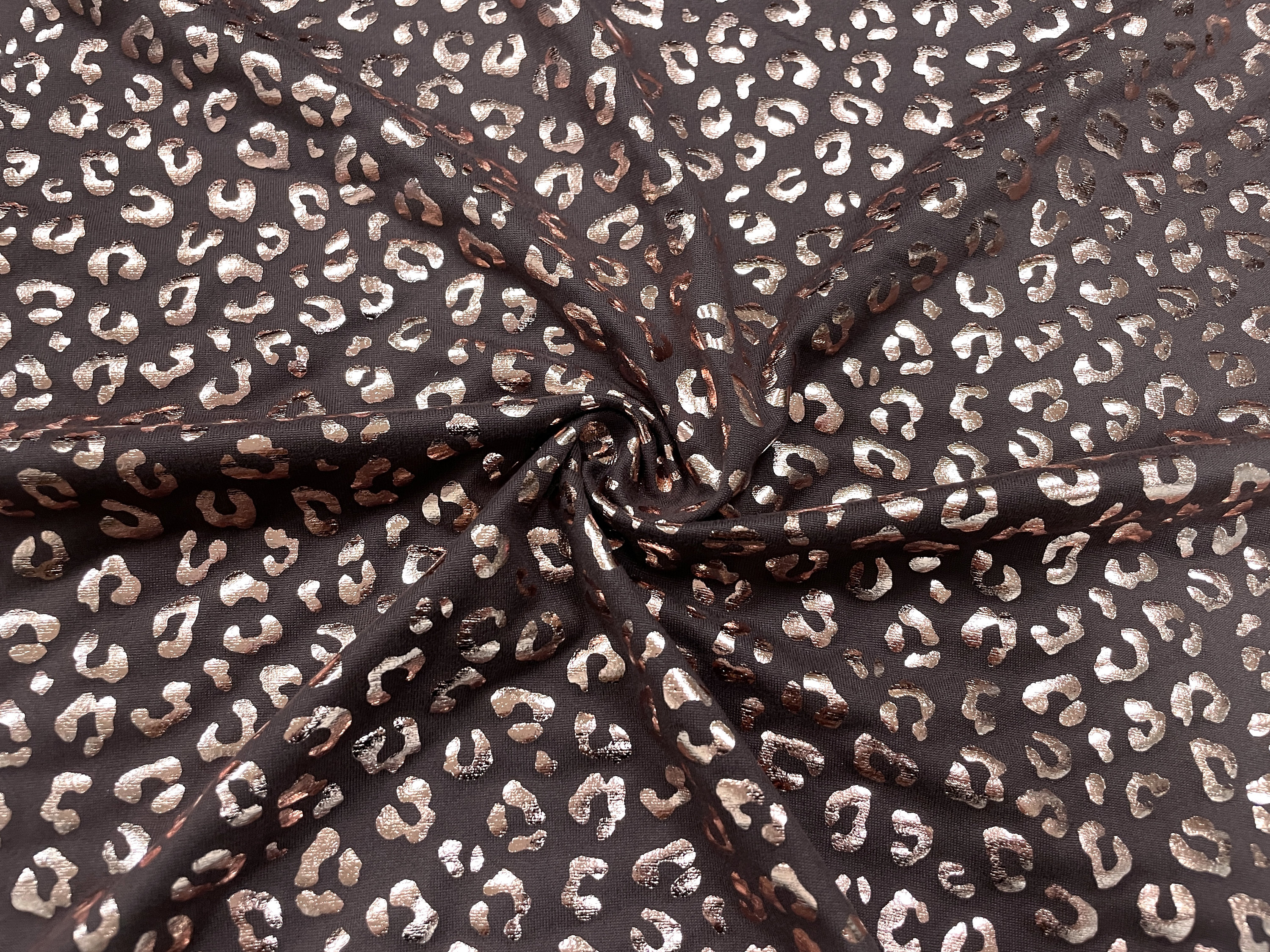 Brown Leopard Rose Gold Metallic DBP Print #425 Double Brushed Polyester Spandex Apparel Stretch Fabric 190 GSM 58-60 Wide By The Yard