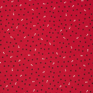 Puede incluir: Tela roja con un patr&oacute;n repetitivo de peque&ntilde;os puntos negros y blancos.