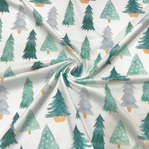 Watercolor Tree Christmas Xmas DBP Print #693 Double Brushed Polyester Spandex Apparel Stretch Fabric 190 GSM 58"-60" Wide By The Yard
