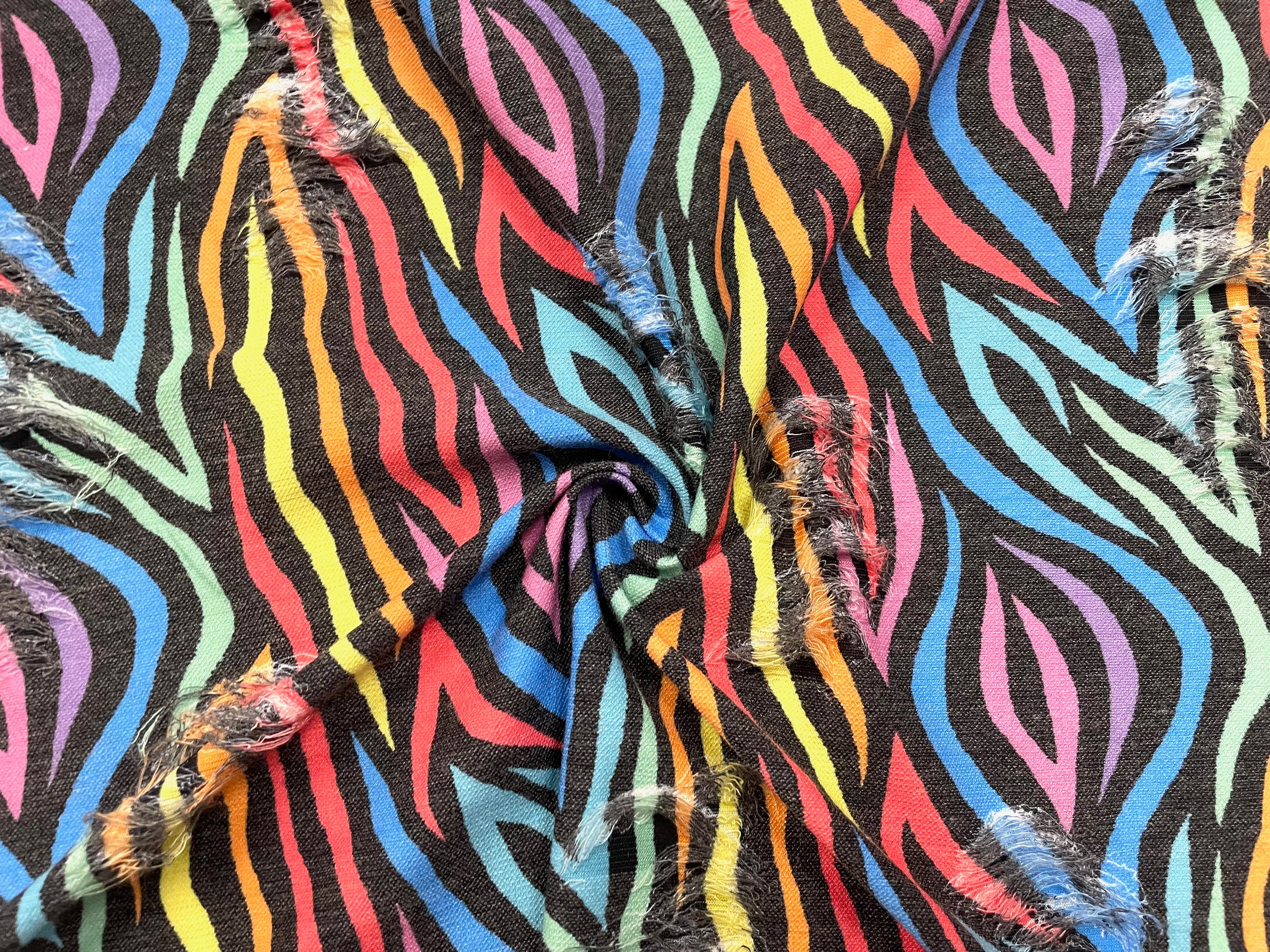 Rainbow Zebra Animal Distressed Denim Print #28 Polyester