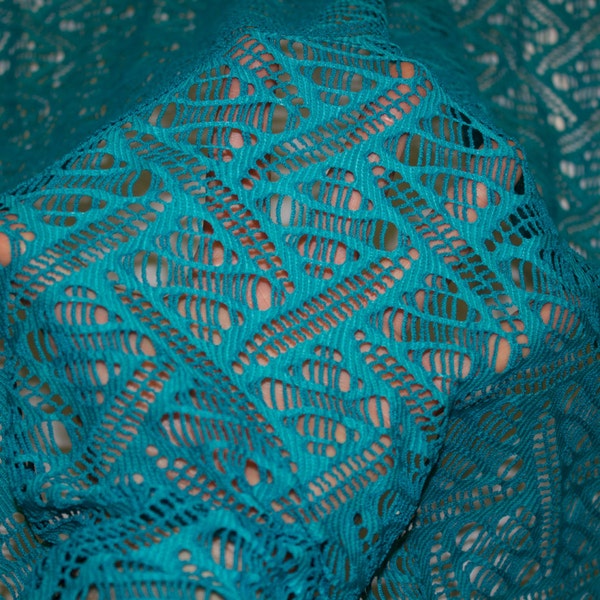 Teal Ethnic Geometric Crochet Sweater Knit #4 Polyester Apparel Fabric Stretch Soft Craft 58"-60" Wide By The Yard