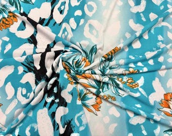 Tejido elástico de poliéster y elastano con estampado floral de animales DTY n.° 10, 190 g/m², 147-152 cm de ancho, cortado a medida.