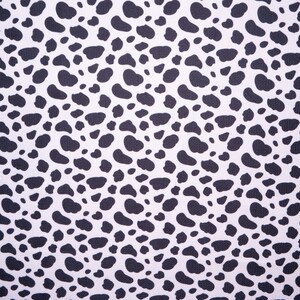 May include: A repeating pattern of black, irregular shapes against a white background. The shapes are reminiscent of animal spots, creating a textured, spotted design. This pattern is suitable for various fabric applications.
