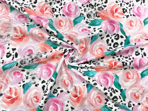 Leopard Rose Distressed Denim Print #15 Polyester Rayon Spandex Stretch Apparel Fabric 58"-60" Wide By The Yard