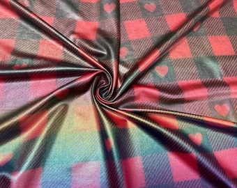 Buffalo Plaid Hearts Holographic Pleather Print #39 Shiny Faux Leather Stretch Vinyl Poly Spandex 190 GSM Fabric 58"-60" Wide By The Yard