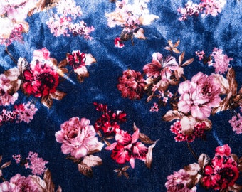 Navy Floral #80 Crushed Velvet Stretch Luxury Apparel Fabric Polyester Lycra Spandex Heavy Weight Dress Soft 58"-60" Wide By The Yard