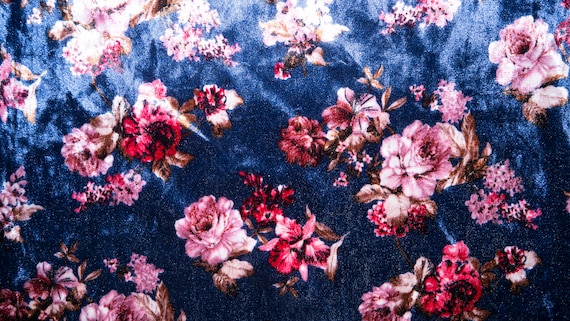 Navy Floral #80 Crushed Velvet Stretch Luxury Apparel Fabric Polyester Lycra Spandex Heavy Weight Dress Soft 58"-60" Wide By The Yard