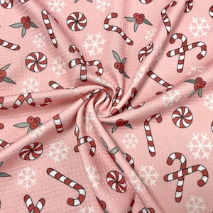 Candy Cane Peppermint Bullet Print #870 Ribbed Scuba Techno Double Knit 2-Way Stretch Poly Spandex Apparel Craft Fabric 58"-60" Wide BTY
