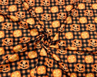 Tela elástica para ropa, poliéster spandex cepillado doble, 190 g/m², 147-152 cm de ancho, corte a medida, con estampado de calabaza y cuadros de búfalo DBP n.° 601