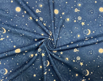 Sun Moon Star Rib Knit Print #14 4x2 Jersey Knit Polyester Rayon Spandex Stretch 190GSM Apparel Fabric 58"-60" Wide By The Yard