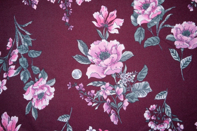 Maroon Floral #04 Techno Crepe Scuba Double Knit 2-Way Stretch Polyester Spandex Apparel Craft Fabric 58-60 Wide By The Yard
